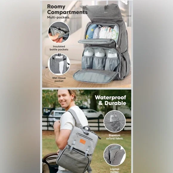 NWT..Gray Diaper Bag Backpack for Men and Women - Picture 2 of 9